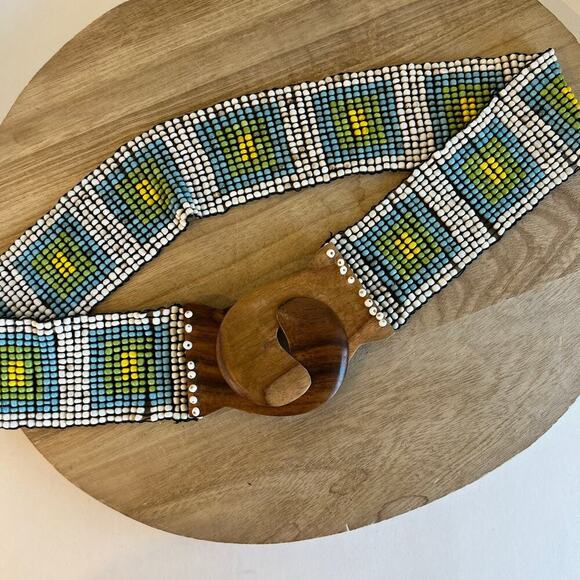 Vintage Wooden Loop Buckle Handmade in Indonesia Beaded Stretchy Belt Free Size - Picture 1 of 9